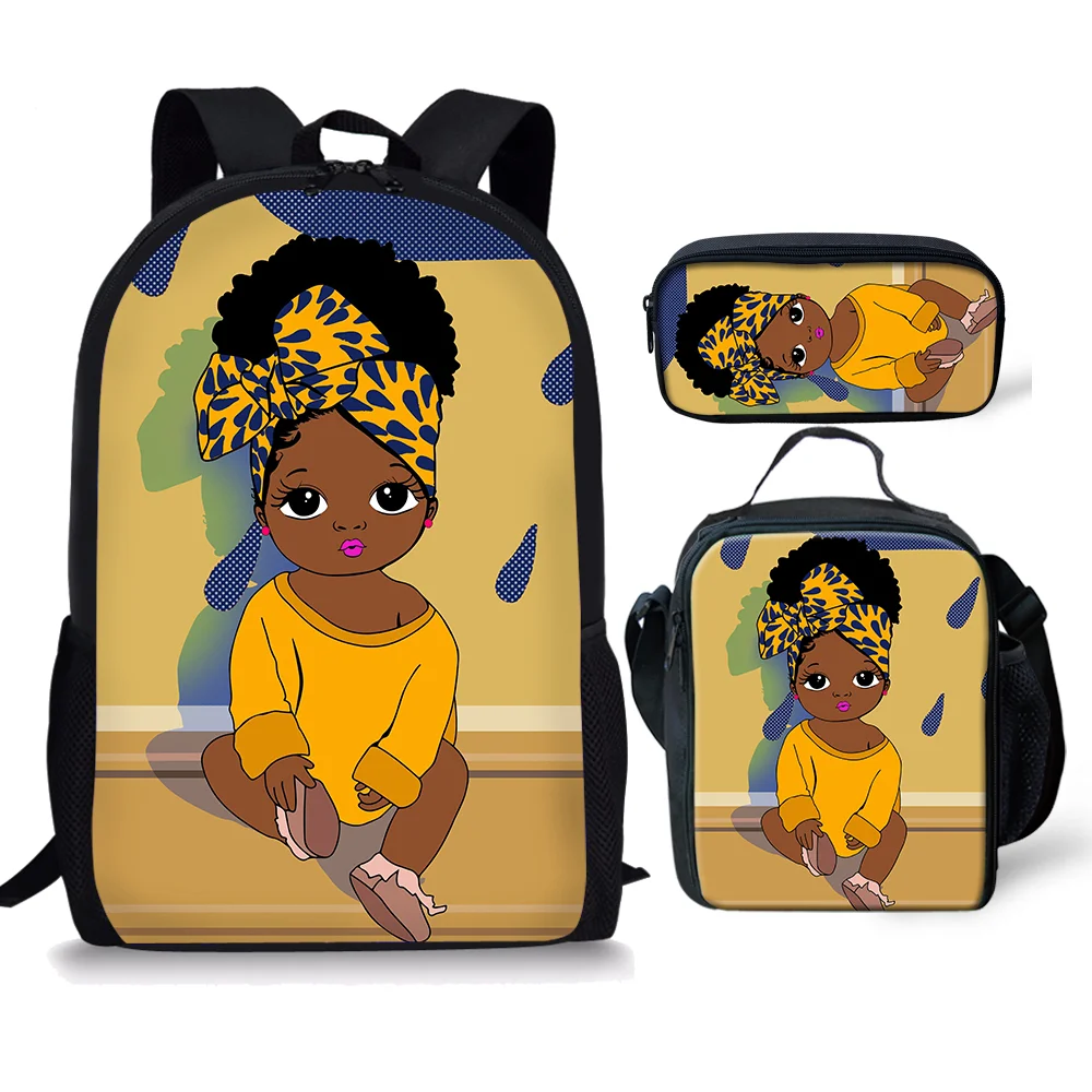 Wholesale 3 In 1 Kid Book Bag Schoolbag Large Capacity Waterproof African Girls Pattern Teenagers School Bags Set With Lunch Bag