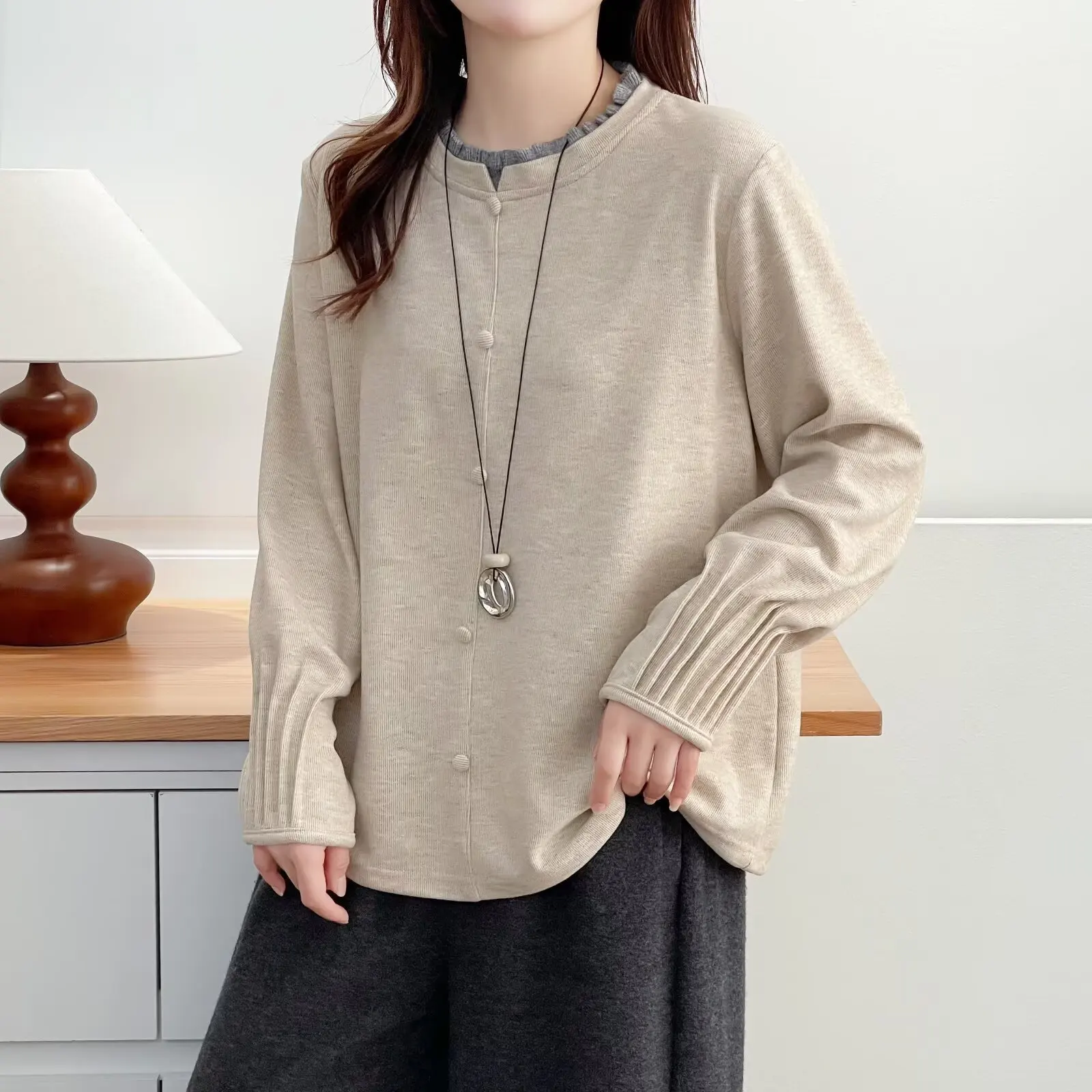 XXXXL Fashion Plus Size Woman Clothing T-Shirt 2025 Autumn Winter Color Block Ruffled Collar Cuffs Fold Fleece Warm Tops 318