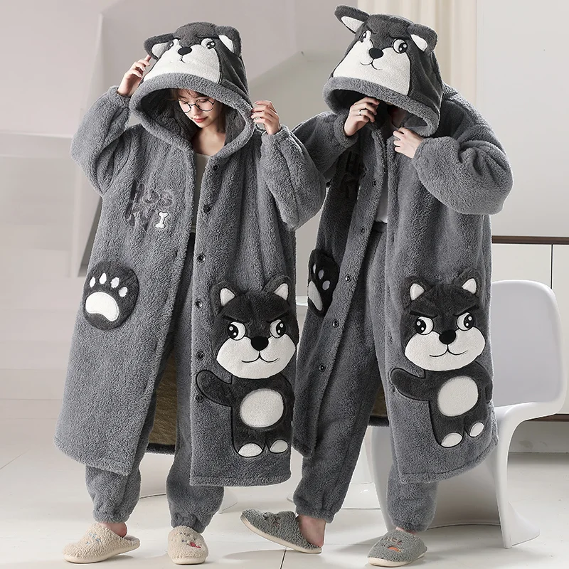 Unisex Winter Cartoon Pajamas Set-Soft Coral Fleece Robe Pants Warm Cozy Homewear Funny Animal Print Sleepwear for Men Women