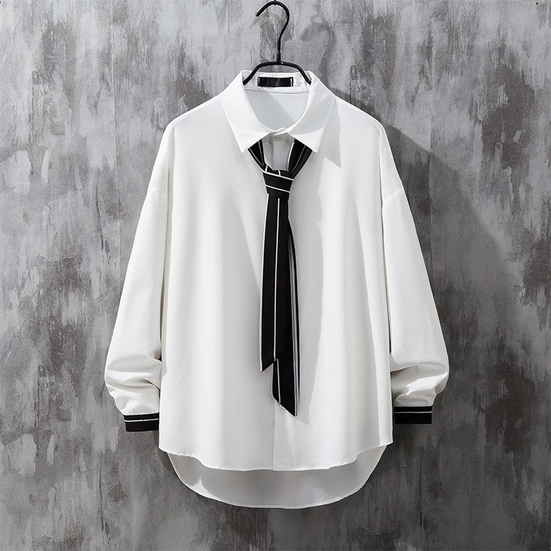 College Style Men's Loose Hawaiian Shirt Male Long Sleeves Handsome Clothes Fashion White Shirts Camisa Masculina Tops