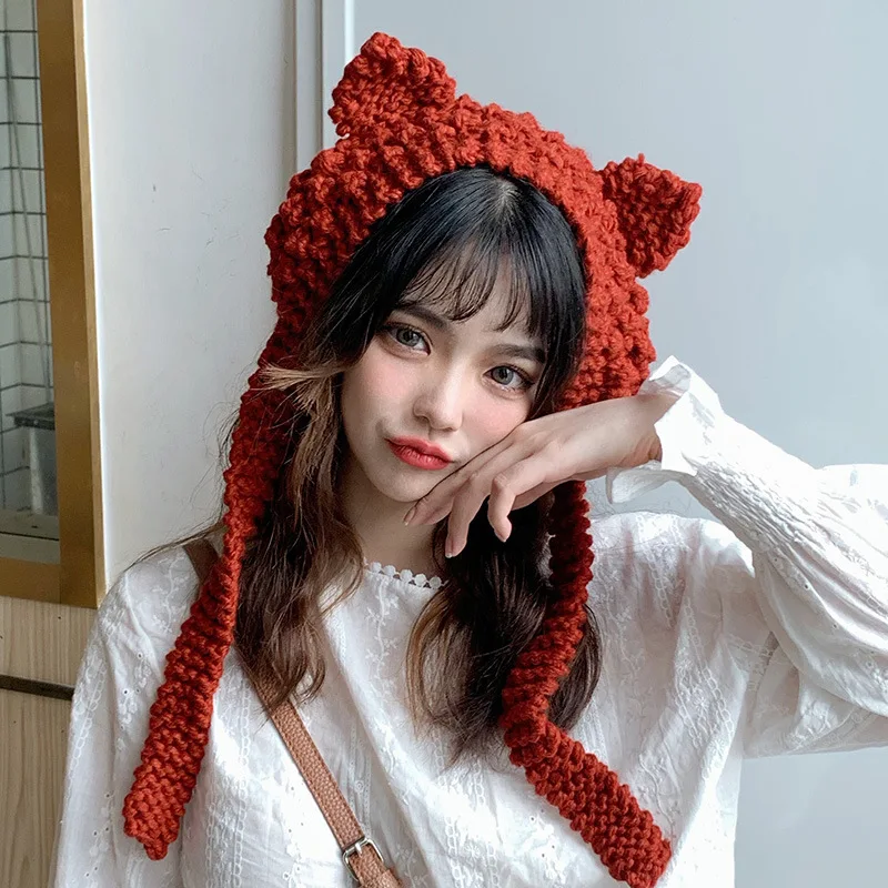 

2021 Hats for Women with Pompon Cute Frog Hat Crochet Large Knitted for Girls Costume Beanie Christmas Fashion Earflap Hats Cap