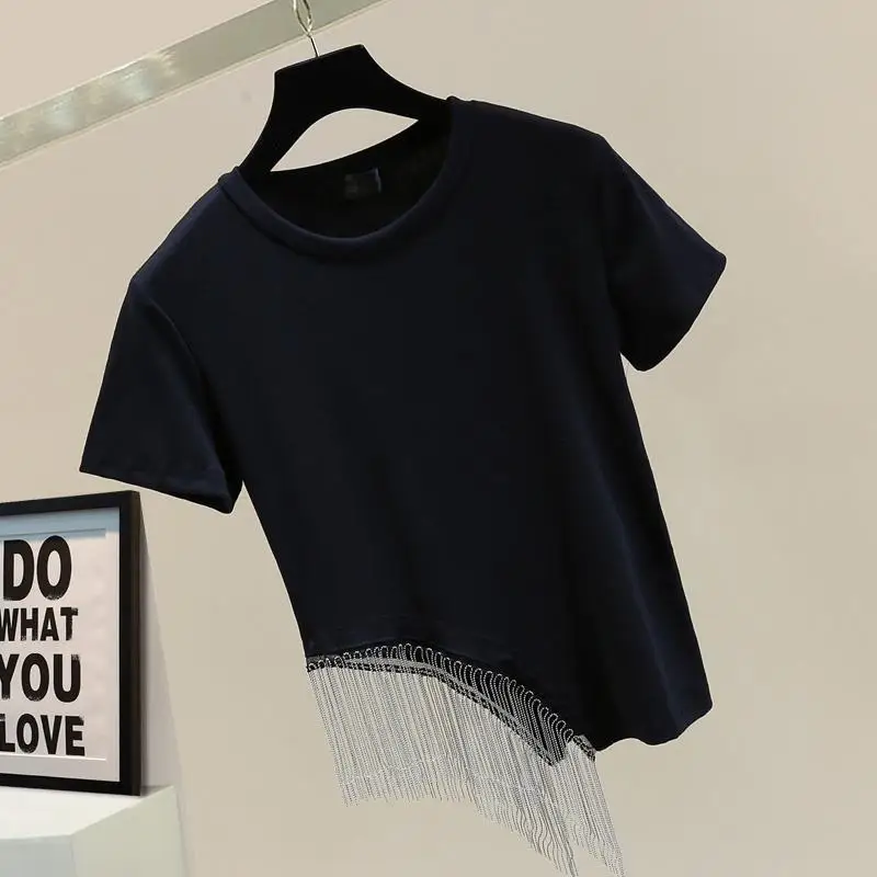 

Женская хлопковая Футболка с круглым вырезом, эластичная футболка составного кроя с кисточками и коротким рукавом, модель 2024 в европейском стиле на лето, 45023