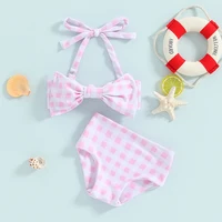 1-6Y Little Girls Bikini Sets Flower/Plaid Print Sleeveless Bow Bikini Tops with Shorts 2024 Summer Baby Swimsuit Kids Beachwear 2