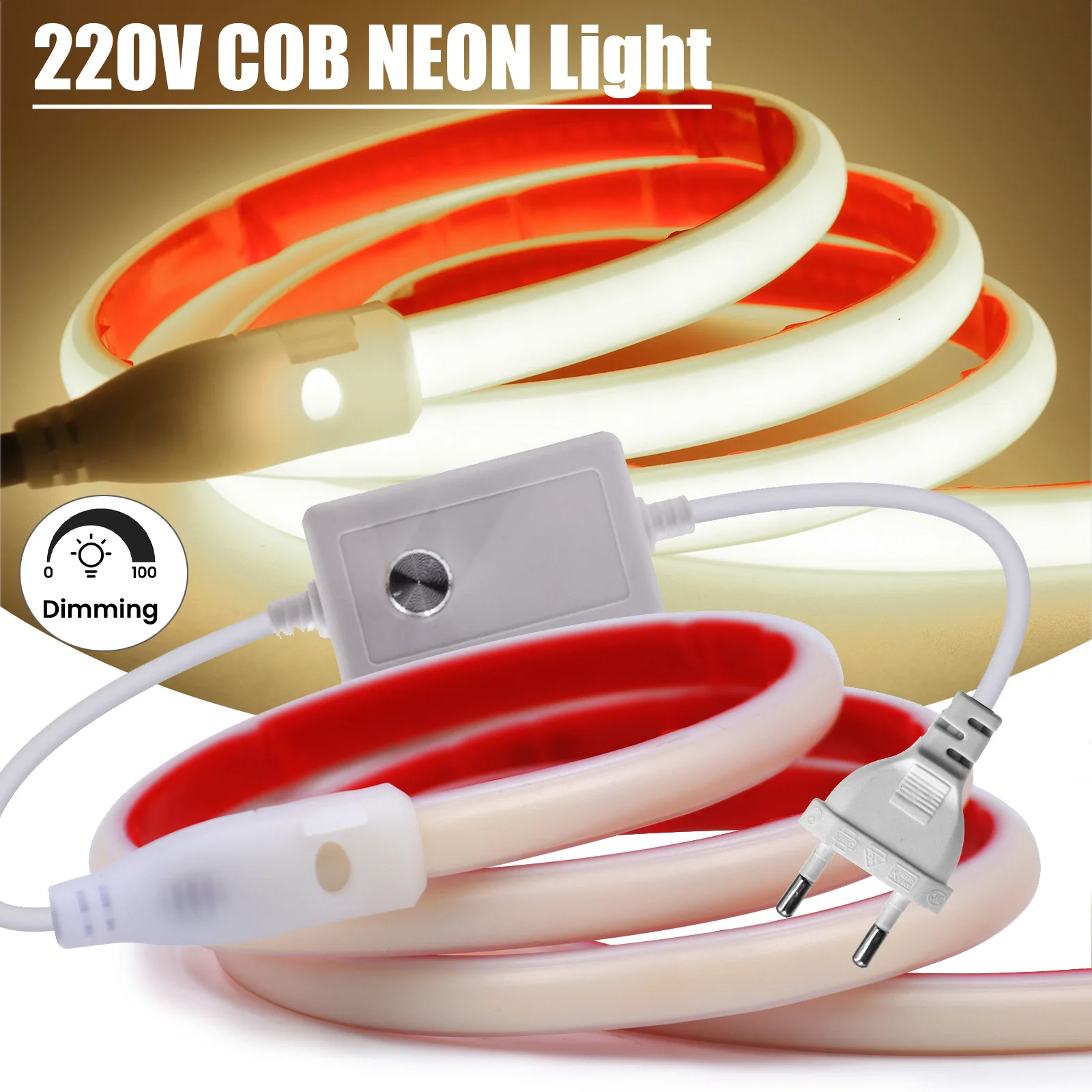 

AC 220V Dimmerable COB Neon Strip IP65 Waterproof 3000K 4000K 6000K White Garden Home Decor Self Adhesive Tape Strip Chain Light