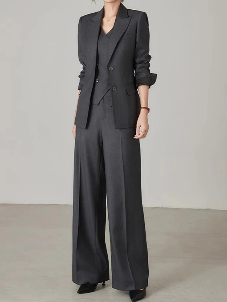 BVZW Elegant 3 Piece Set Women Gathered Waist Blazers Irregular Slim Vest High Waist Wide Leg Pants 2024 Spring Clothes 26D9017