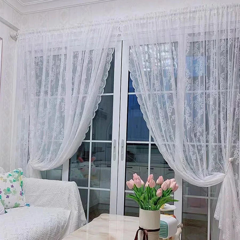 French White Lace Curtain Voile Window Treatments For Living Room Bedroom Door Curtains Floral Tulle Drapes Balcony Screen