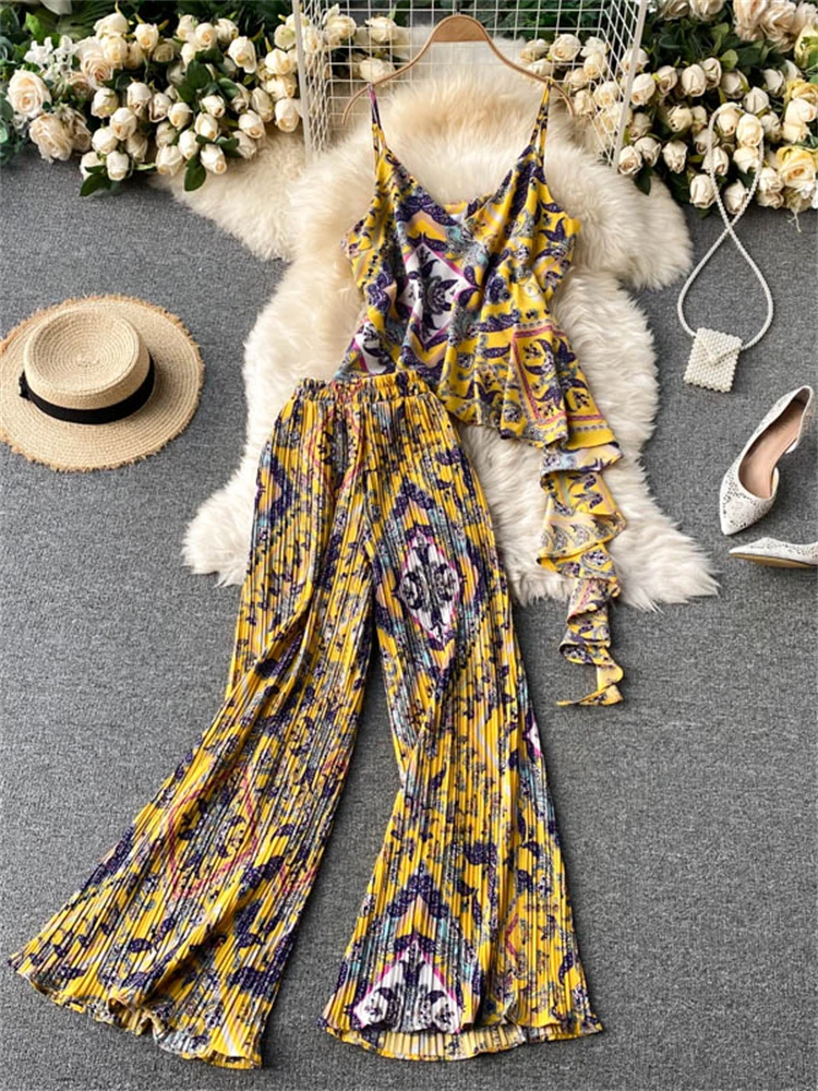 Summer Women Floral Pants Suit Sexy Sleeveless Irregular Strap Top