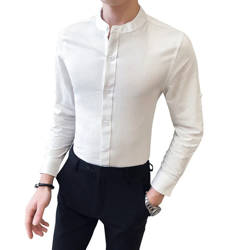 

2023 New Men's Solid Color Slim Fit Stand Collar Fashion Long Sleeve Casual Business Shirts Male Round Dress O Neck Blouses