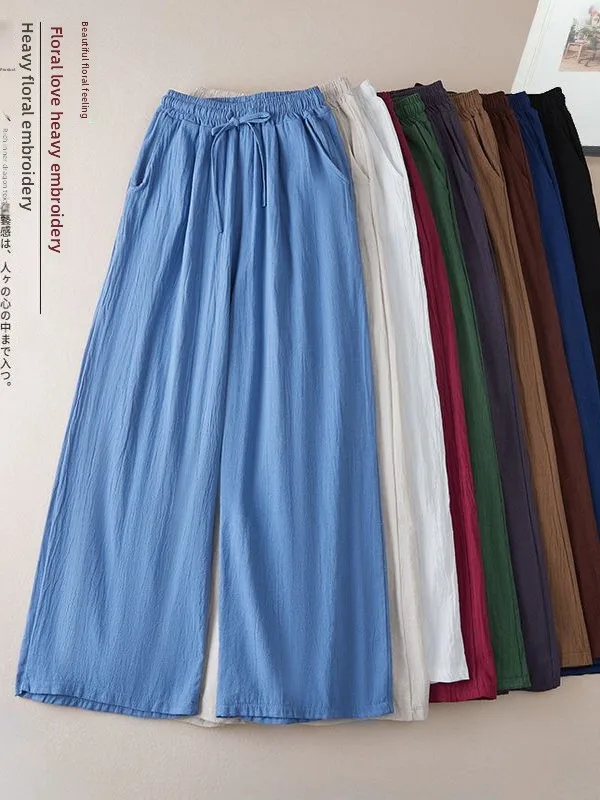Retro Loose Fit Cotton Linen Wide Leg Pants Women's Summer New Sle Slimming Long Casual Versatile High Waist Trousers - Image 4