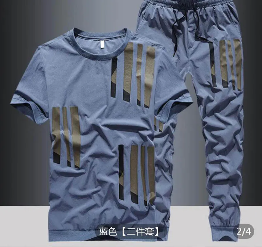 Summer New Ice Silk Suit Men's Youth Fashion Brand Short Sleeve T-Shirt High-Quality Loose Pants Casual Sports Suit Large Size