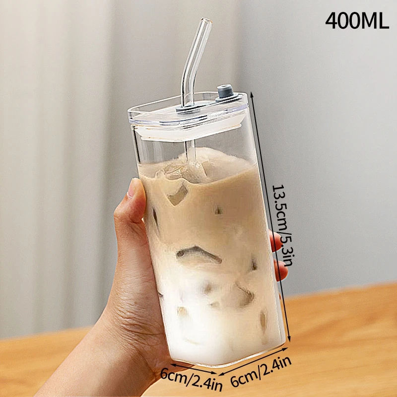 thumbnail image 1 of Taza de café de vidrio cuadrada resistente al calor de 400 ml con tapa y pajita, taza de café transparente para té, leche, jugo, para el hogar, bar y bebidas, 1 of 5