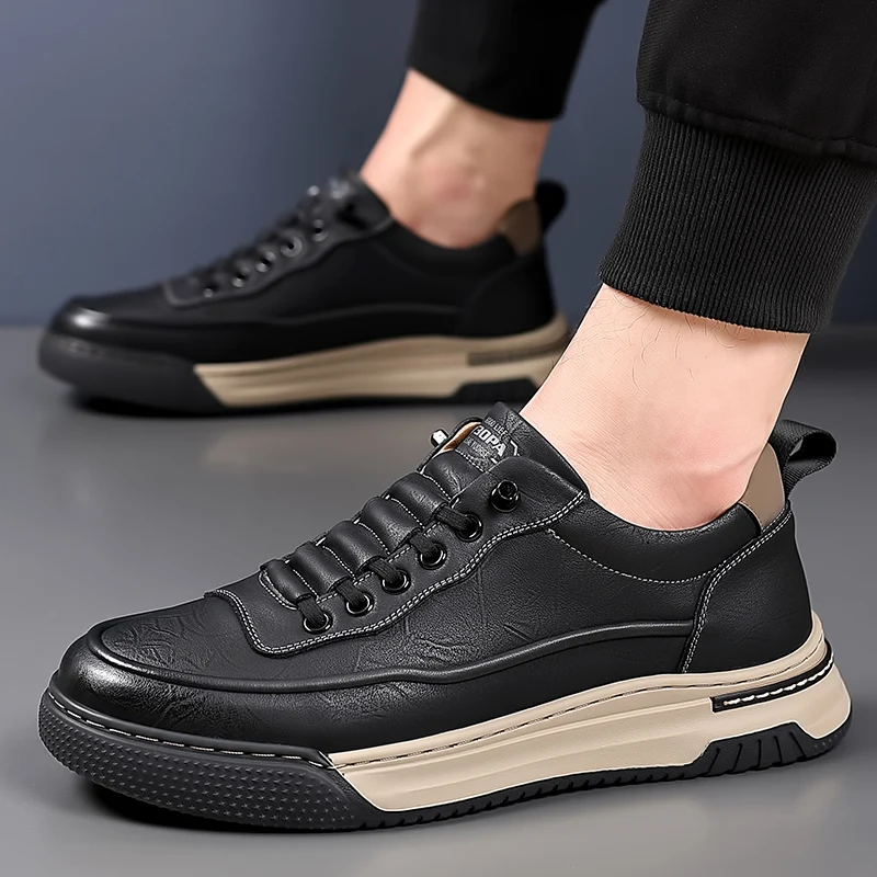 Male Flats New Mens Leather Casual Shoes Men Outdoor Non-Slip Men's Sneakers Soft-Sole Rubber Man Breathable Trendy Skate Shoes 4