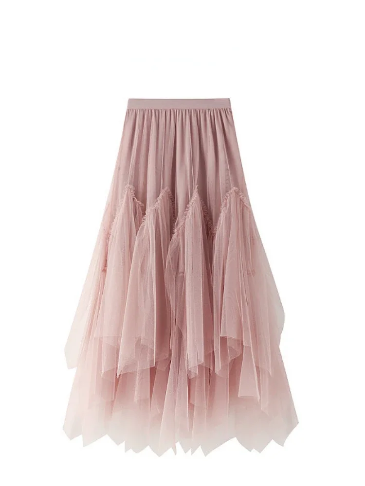 

Half skirt Autumn winter women's mid-length A-line skirt Voluminous gauze skirt long skirt mesh fresh irregular pleated skirt