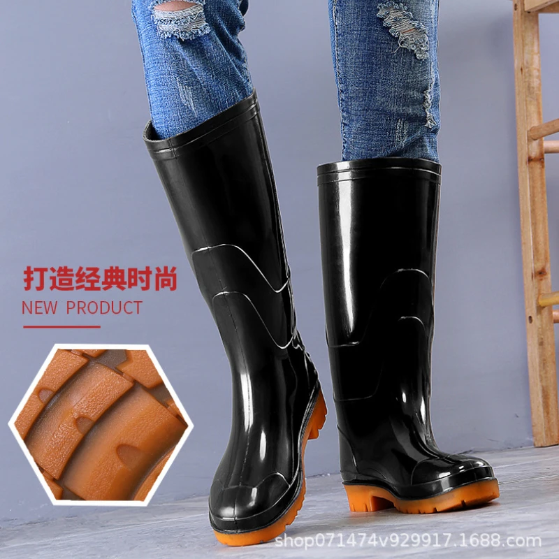 Black High Tube Rain Shoes Long Tube Rain Boots for Men Anti Slip Waterproof Fishing Shoes Outdoor Work
