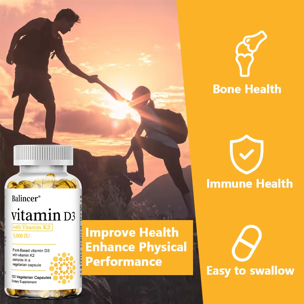 High Potency Vitamin D3 5,000 IU - 120 Vegetarian Capsules - Gluten Free Non-GMO Vitamin K2 + D3 Supplement