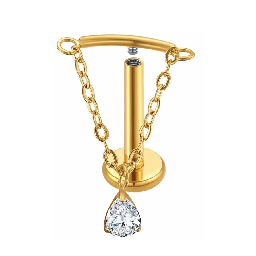 ASTM F136 Titanium Drop Pendant CZ Stud Earring with Dangle Chain Helix Cartilage Tragus Lip Flat Back Piercing 16G