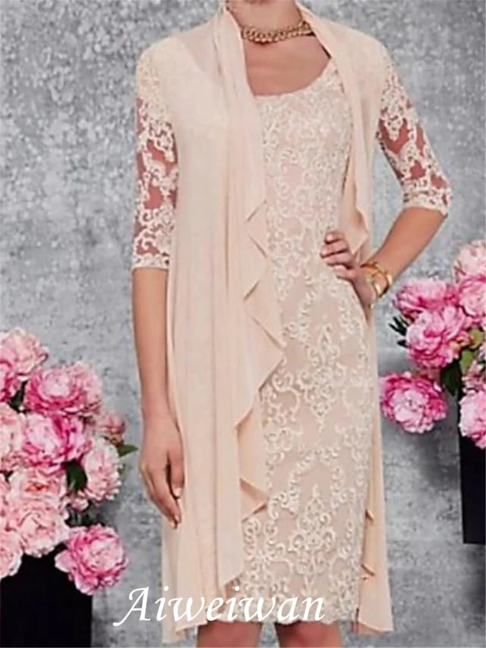 

Two Piece A-Line Mother of the Bride Dress Wrap Included Jewel Neck Knee Length Lace Half Sleeve with Appliques