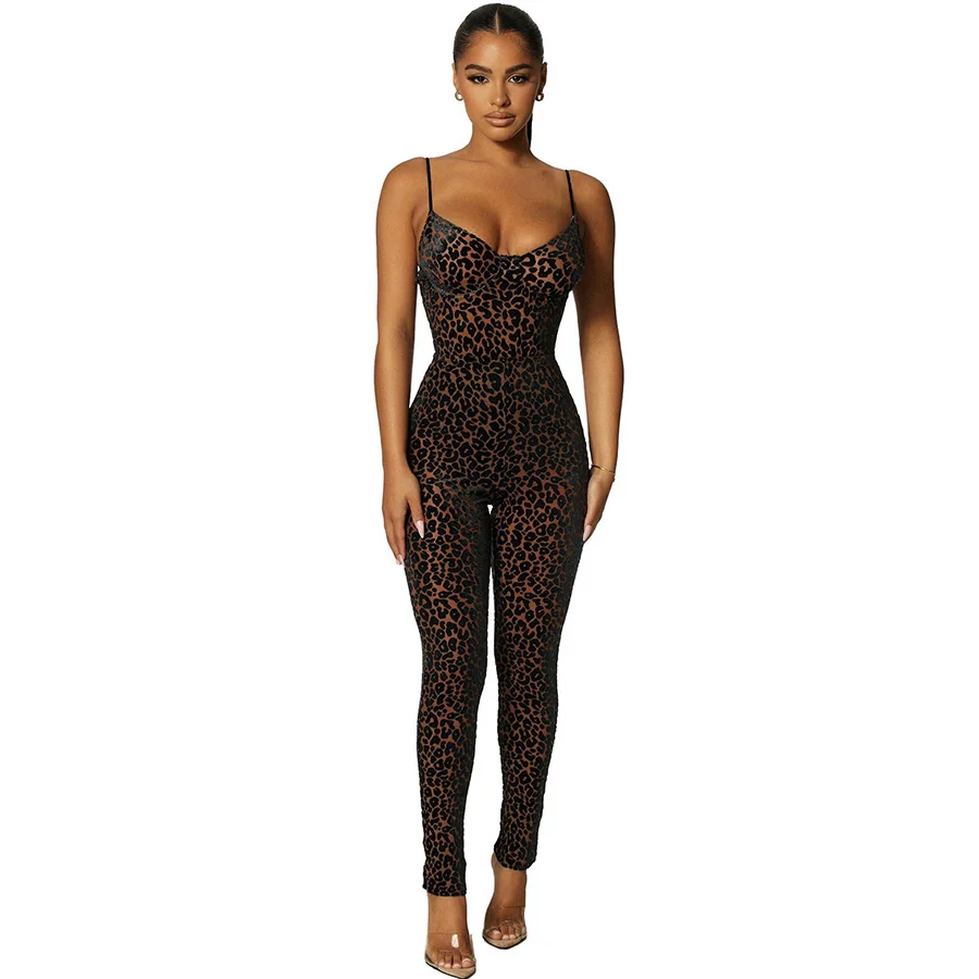 Sexy Leopard Jumpsuit V Neck Skinny Elegant Backless Outfit Clubwear Women Sleeveless Backless Workout Female Rompers Activewear