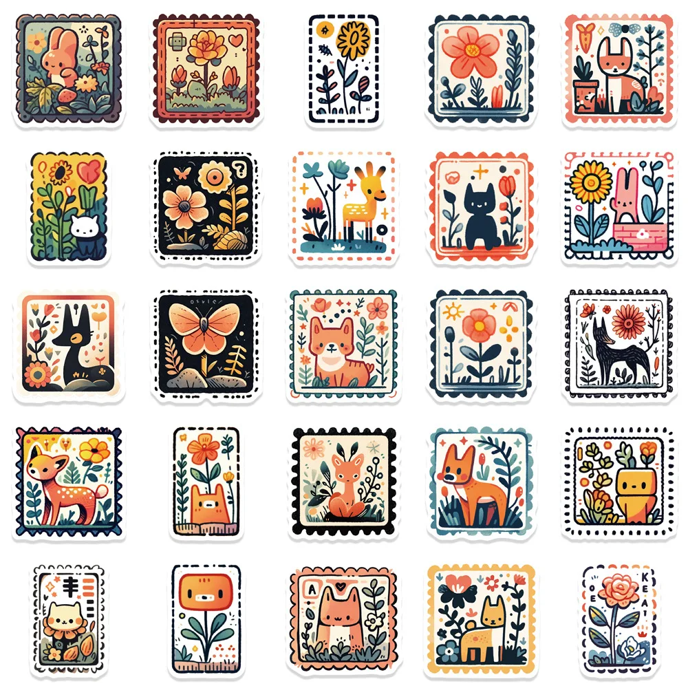 Cute Animals Retro Stamp Stickers Cartoon Graffiti Style Decorative Waterproof 50Pcs