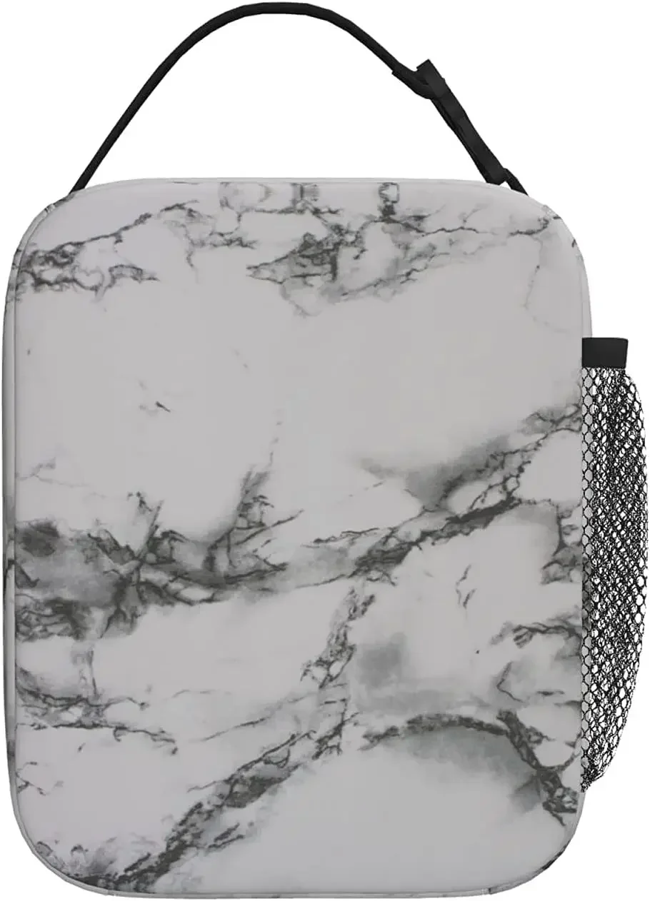Lunch Box Insulated Lunch Bag for Women Men White Marble Black Texture Reusable Cooler Tote Bags for Work Picnic Outdoor
