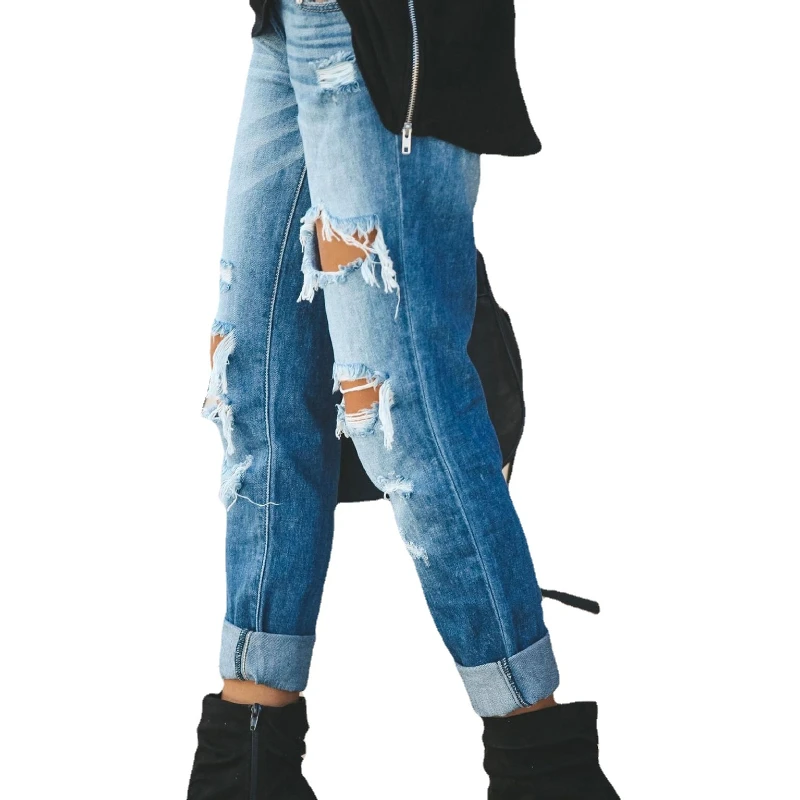 

2023 New Women Fashion Mid Waist Boyfriend Big Ripped Hole Jeans Casual High Street Denim Pants Sexy Vintage Pencil Calca Jeans