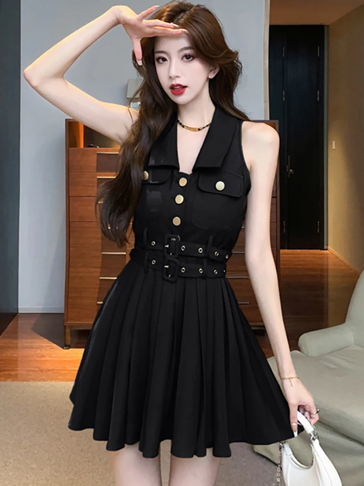 2024 Black Short Sleeve Sqaure Collar Long Dress Women Fashion Chic Pleated  Dress Summer Korean Vintage Hepburn Festival Dresses - AliExpress