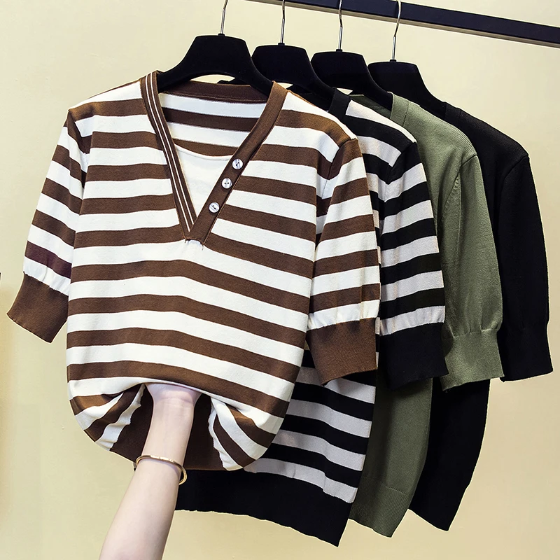 

Black Striped Short Sleeved Knitted Summer Style Top Fashion Blouses 2023 Cheap Vintage Clothes For Women Female Clothing