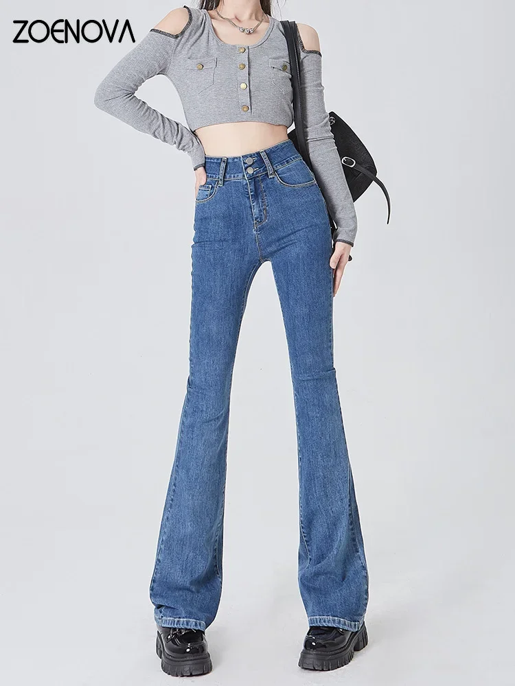 

ZOENOVA Retro Slightly Flared Jeans Women Wide Leg Pants Elastic High Waist Lengthened Pants Denim Pants 2023 Korean Fashion
