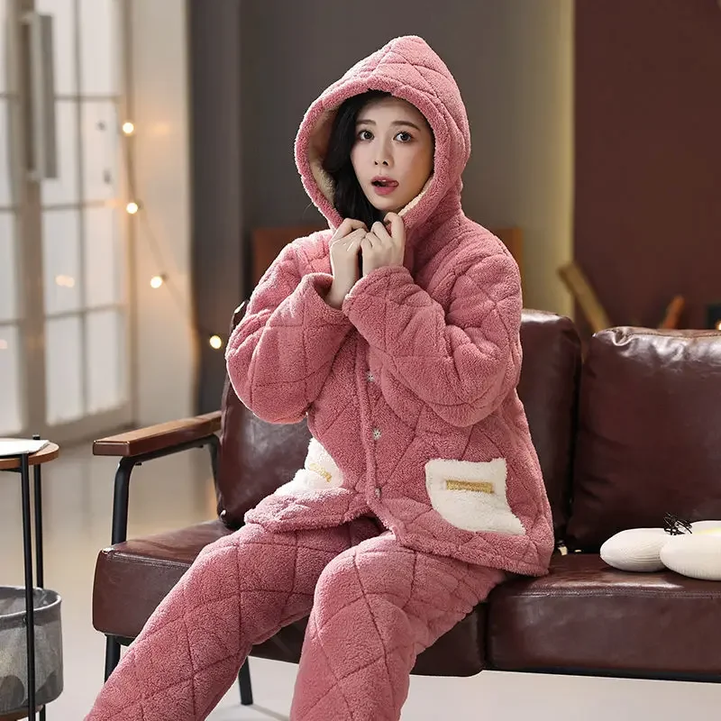 2024 New Pajama Women Winter Three-layer Thick Flannel Loungewear Cute Large Size Warm Middle-aged Cotton Warm Household Clothes цена и фото