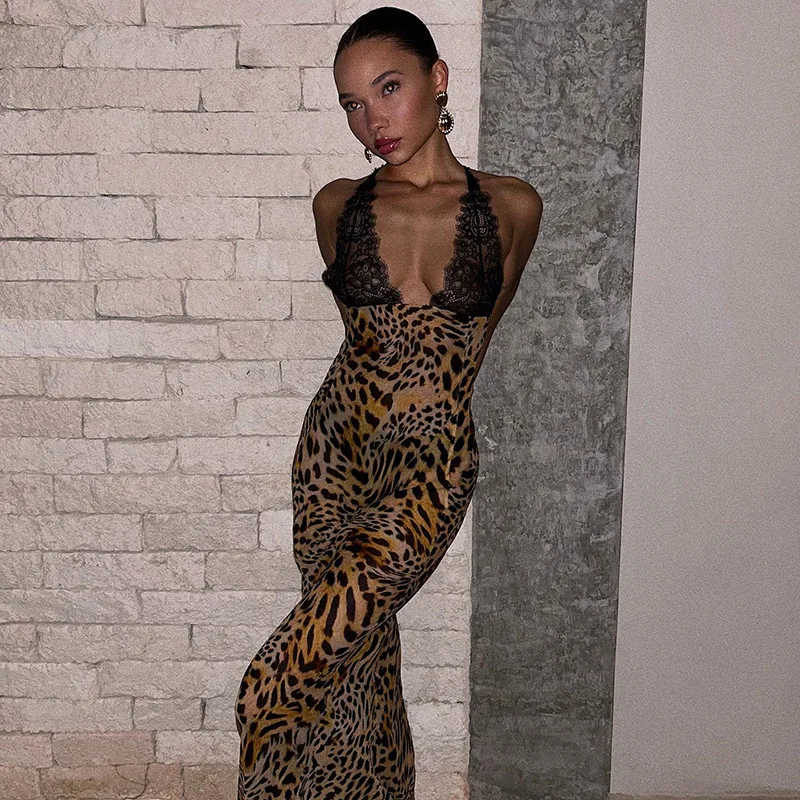 

Sexy Leopard Print Maxi Dress Women 2024 Summer Backless Backless Lace Patckwork Deep V-neck Party Dresses Nightclub