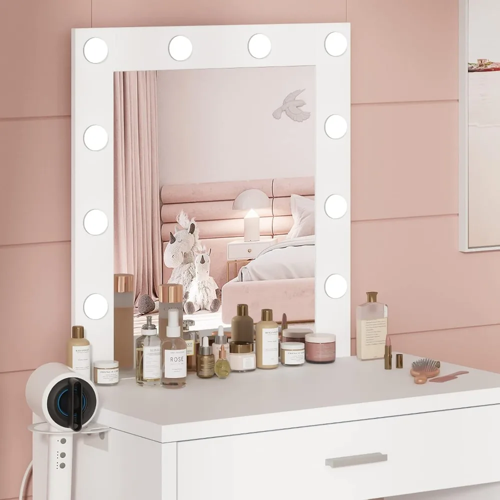 Vanity Makeup Desk with Mirror and Lights, Vanity Table and Chair Set, Brightness Adjustable, Small Dressers for Girls' Bedroom 4