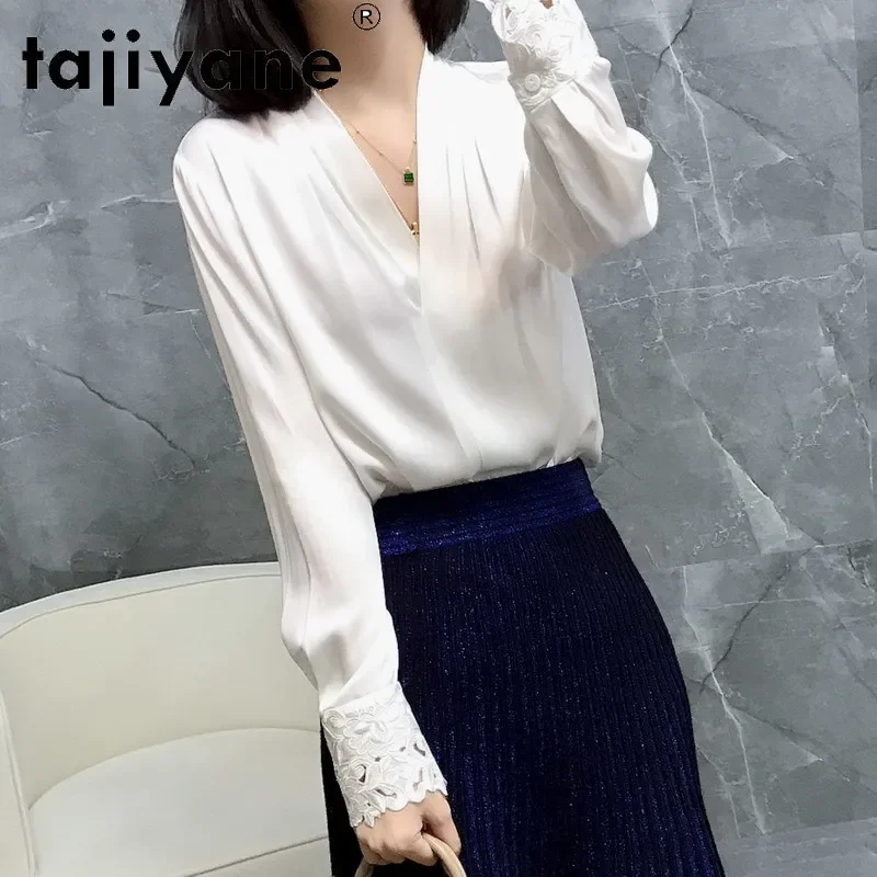 

Женская шелковая рубашка Tajiyane, элегантная однотонная Тяжелая рубашка из шелка тутового шелкопряда с двойной атласной вышивкой и V-образным вырезом, FCY117