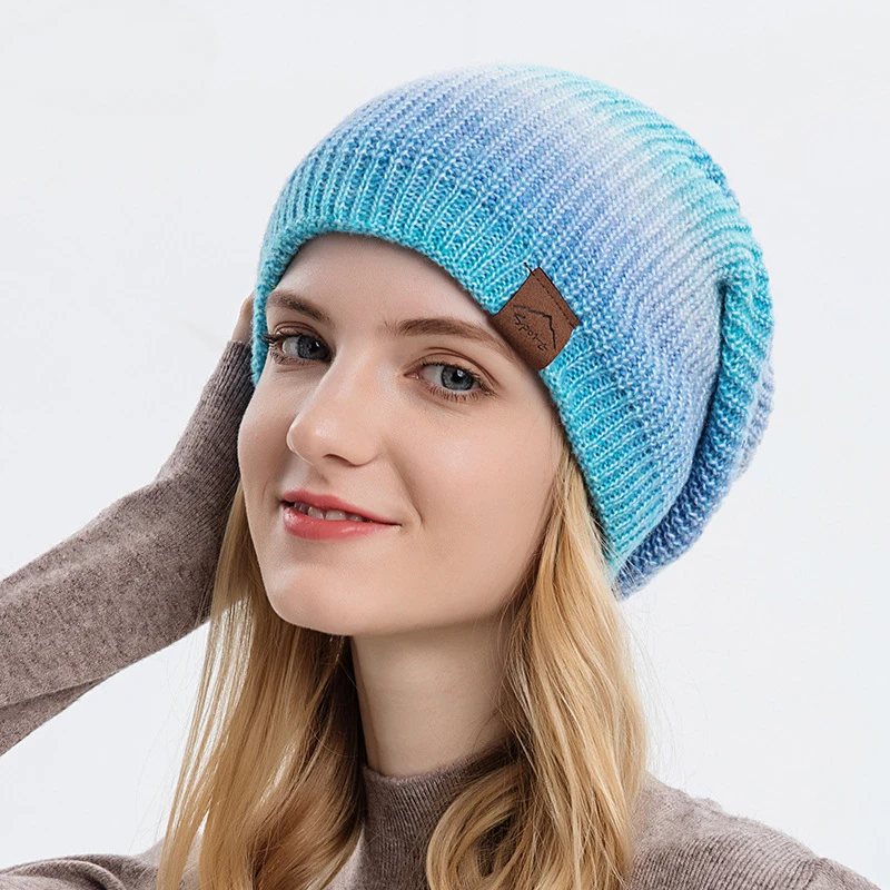 

Winter Plush Knitted Hat for Women Colorful Gradient Color Warm Wool Cap Female Beanies Outdoor Thickened Fashion Bonnet 모자