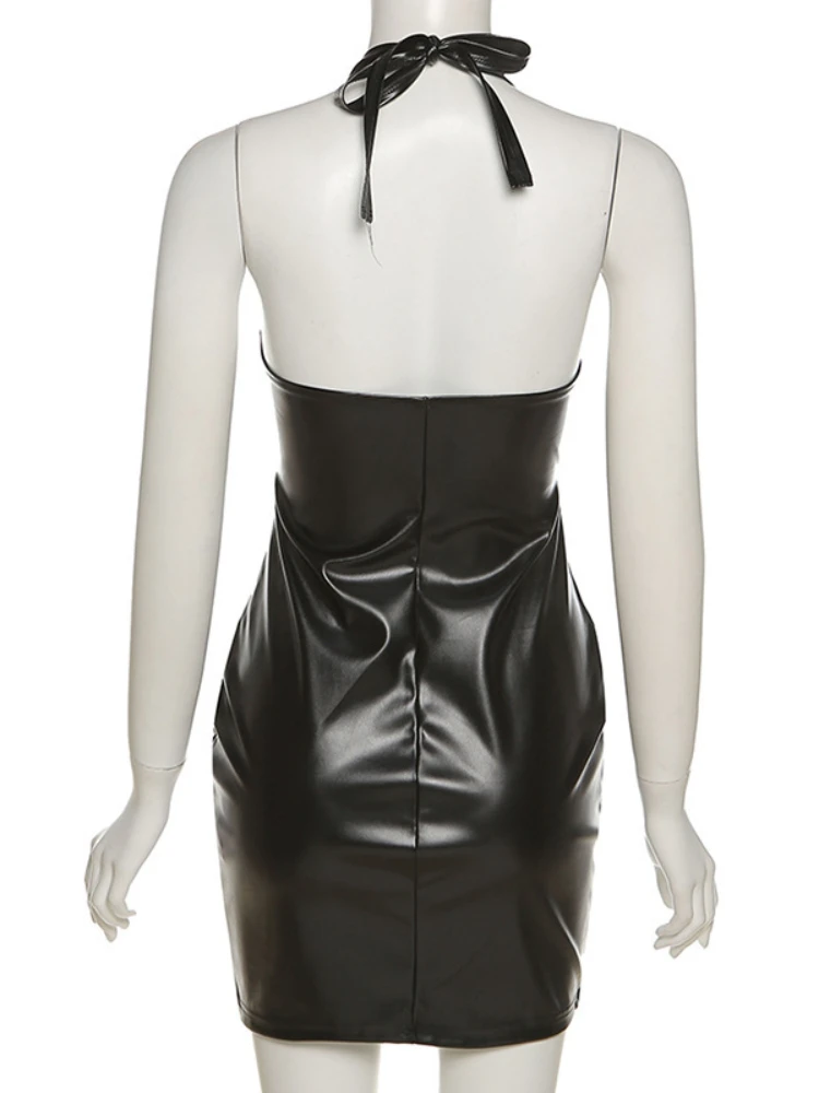 Sexy Deep V Neck Wrap Chest PU Leather Slim Bodycon Dress Women Backless Sleeveless Mini Dress Elegant Club Party Vestidos 5