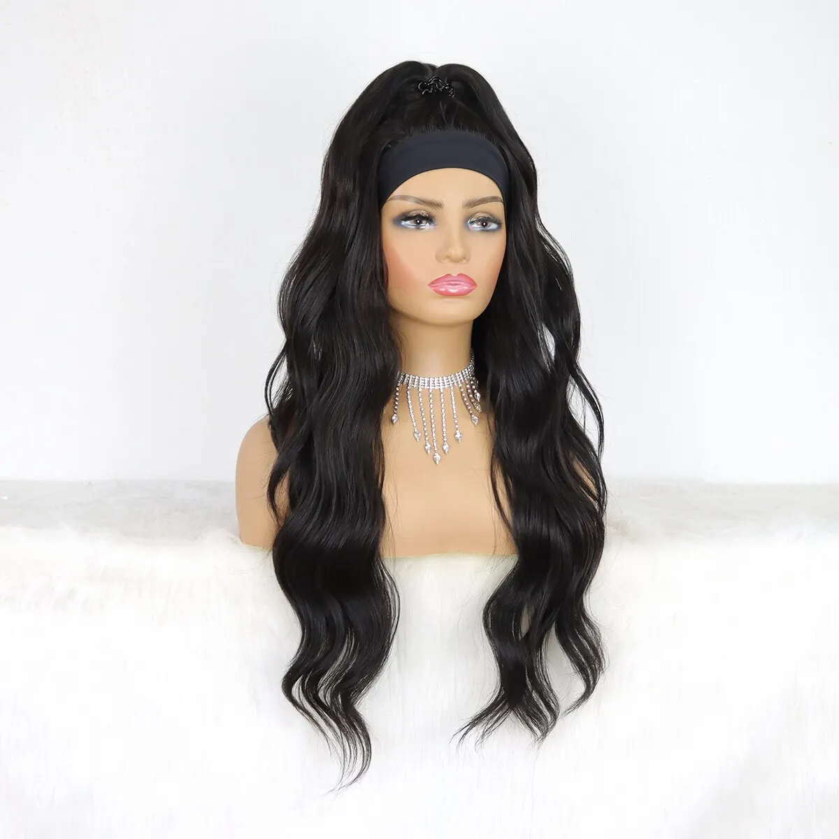 Black Body Wave Headband Wig Long Wavy Synthetic Wigs Synthetic Bouncy Wavy Wigs for Women Daily Party Wear