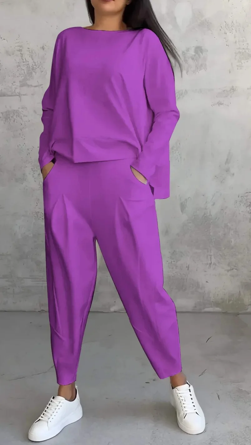 Women’s trousers suit – 2-piece O-neck long sleeve T-shirt with solid color loose trousers and pockets purple
