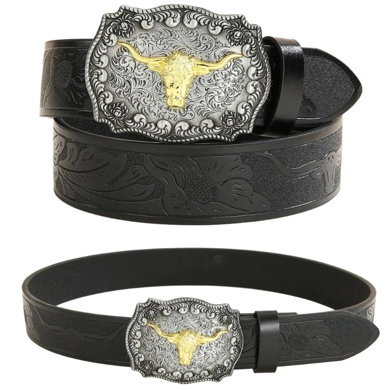 

Western Leathers Buckle Belts Cowboy Metal Buckle Belt Floral Engraved Buckle Belt for Men Jeans Decoration 57BD