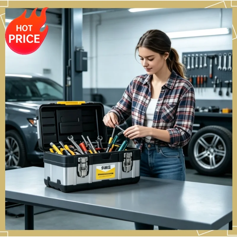 Heavy Duty Portable Tool Box with Removable Tray - 17 Inch Stainless Steel and Plastic Storage Case
