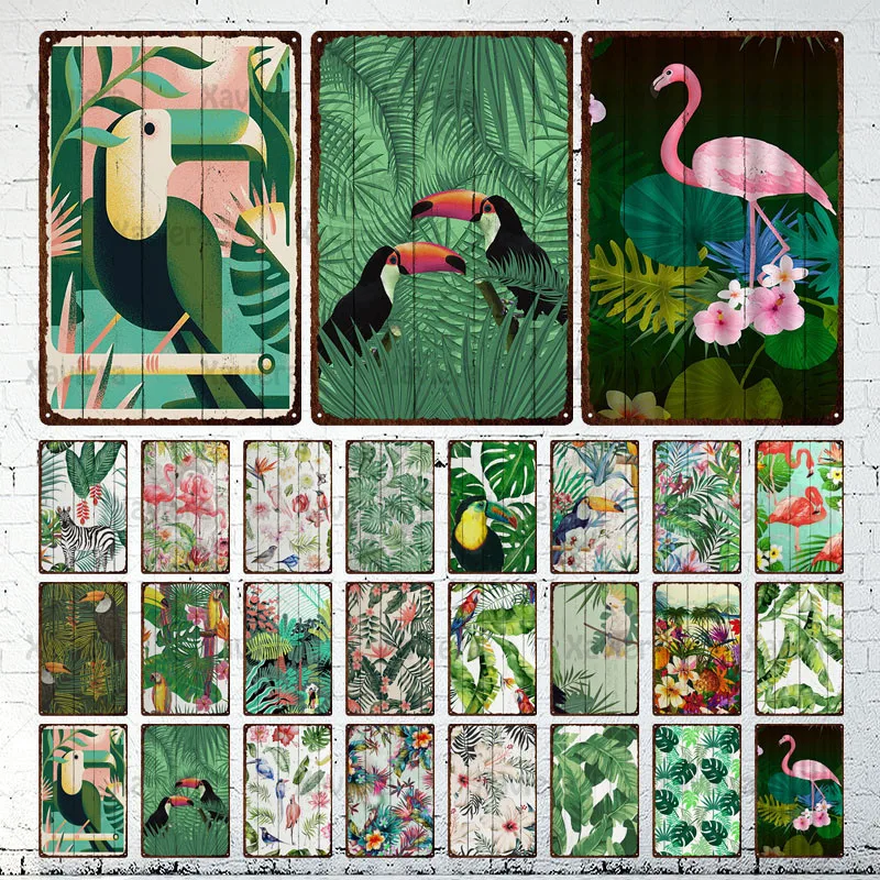 

Vintage Plant Animal Metal Tin Sign Palm Leaf Parrot Flamingo Retro Plaque Iron Plate Wall Decor Garden Living Room Cafe Kitchen
