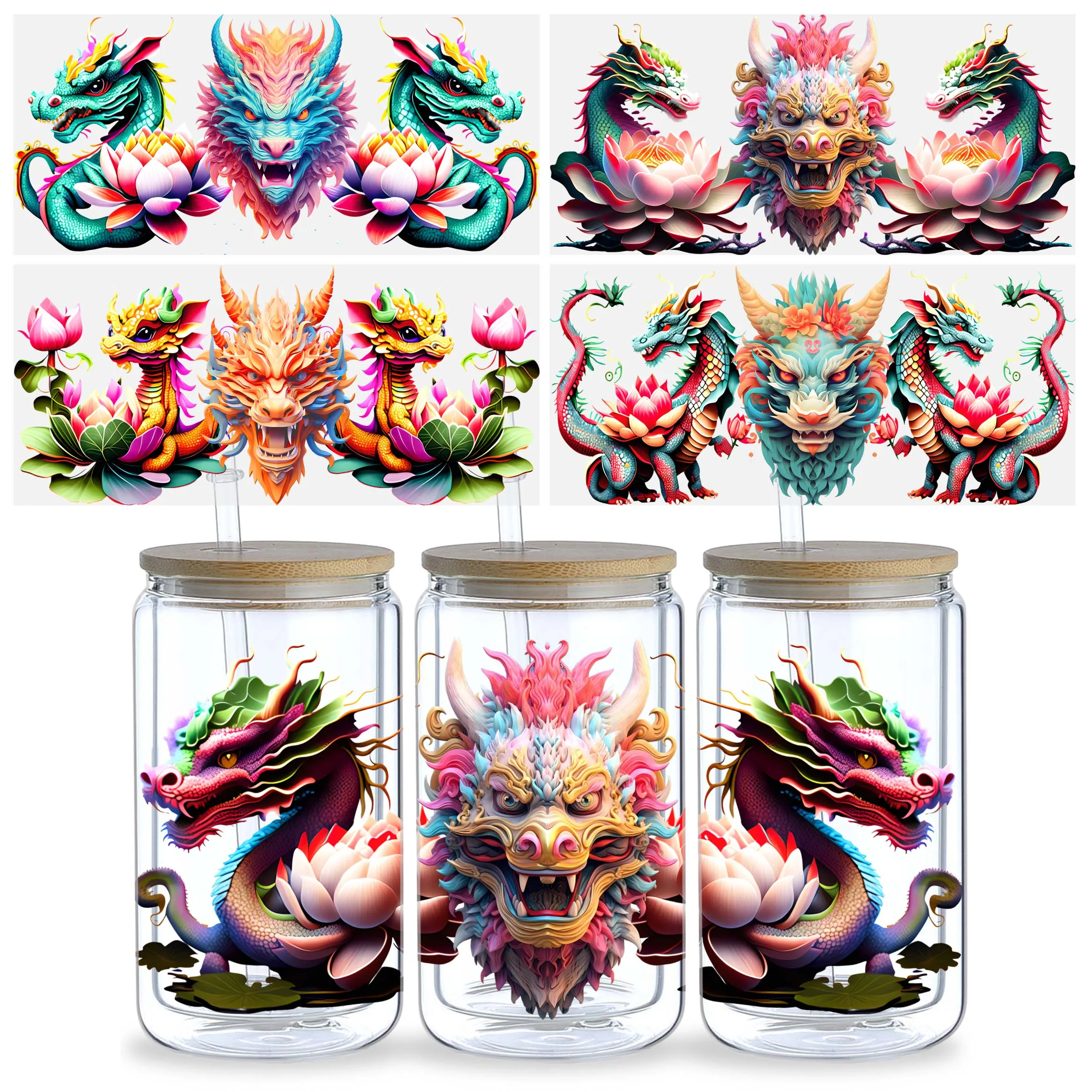 Chinese Dragon UV DTF Cup Holder 5 sheets 16 oz Dragon Head DTF Cup Holder Transfer Glass Water Bottle Waterproof Sticker