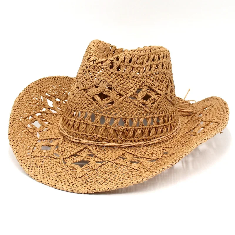 Hand woven western cowboy hats for women black straw hat men summer flanging sun visor hat hollow sombreros beach