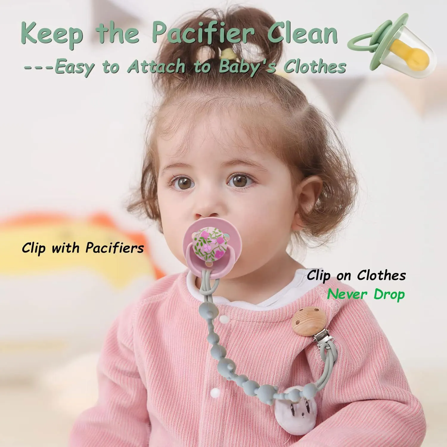 0-36 months baby food grade silicone pacifier + pacifier chain, macaron color and textured flower print