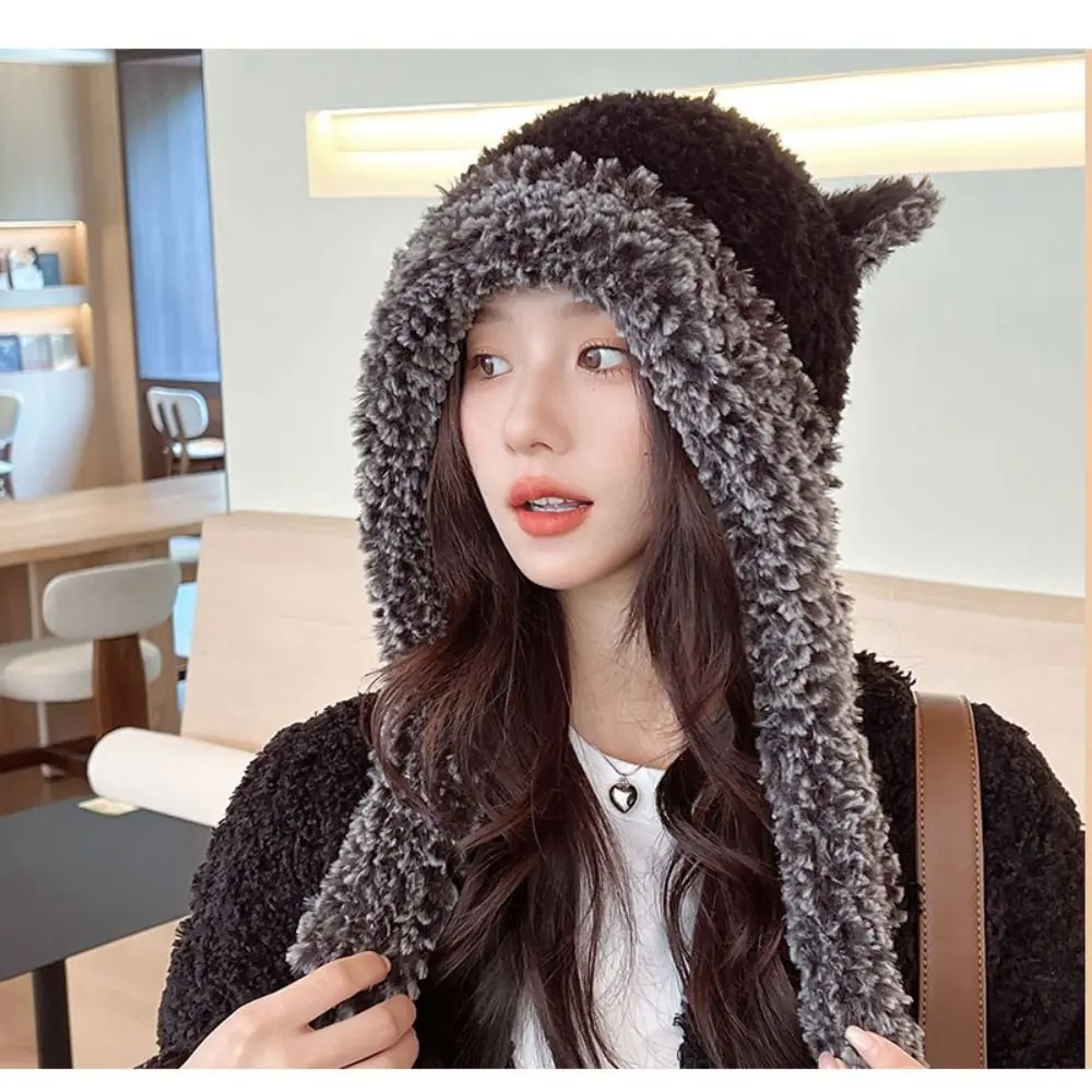 여성용 귀 보호 봉제 버킷 햇, 부드러운 가을 겨울 콜드 햇, 곰 귀 비니, 여성 신제품