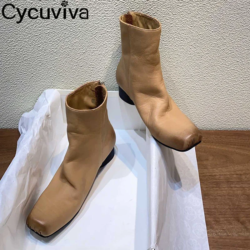 

Khaki Leather Square Toe Short Knight Boots For Women Round Chunky Heel Brand Ankle Boot Winter Runway Party Chelsea Boots Women