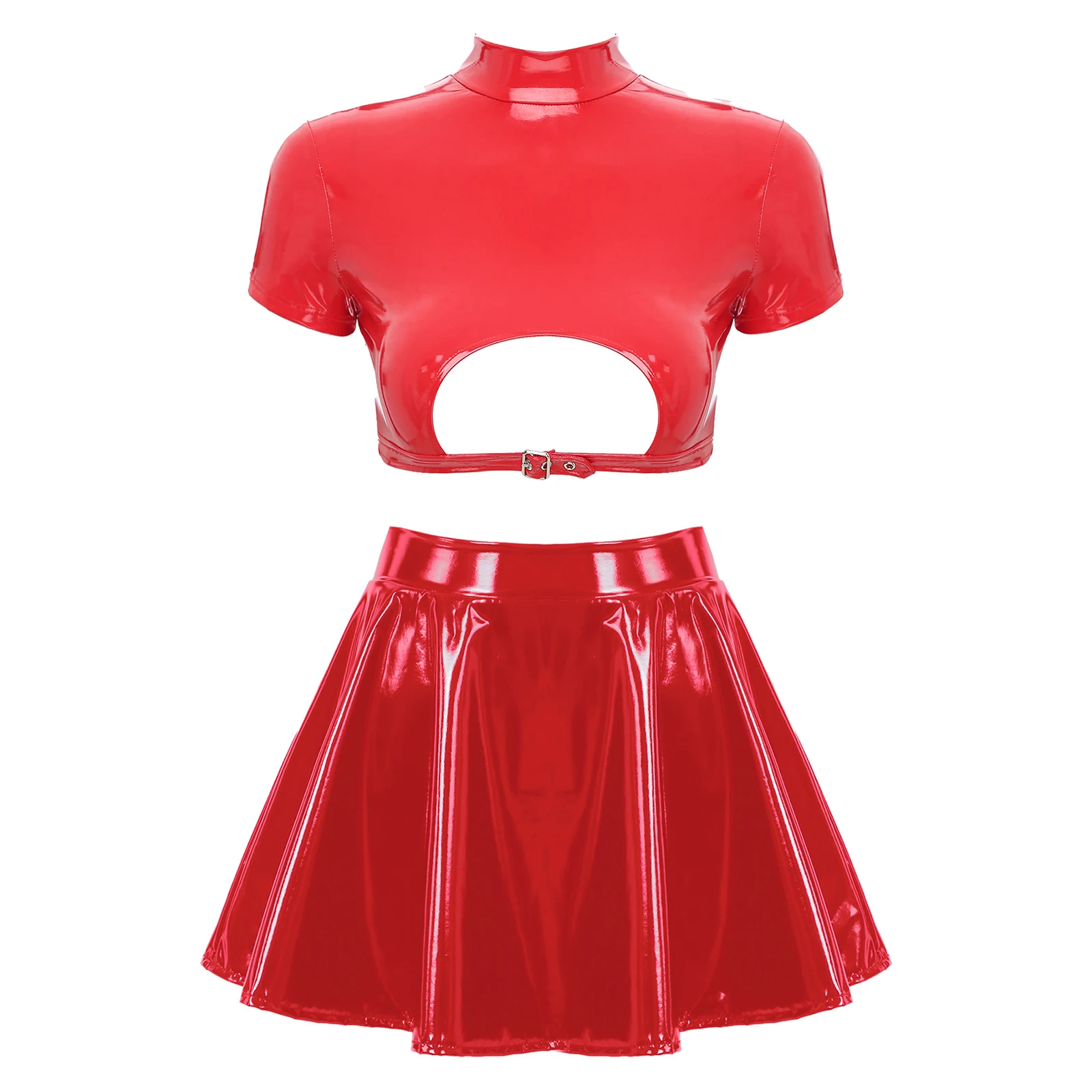 thumbnail image 1 of Conjunto de lencería de charol brillante para mujer, ropa de discoteca, Top corto con cremallera en la espalda recortada y falda acampanada de corte A, traje de fiesta Rave, 1 of 5