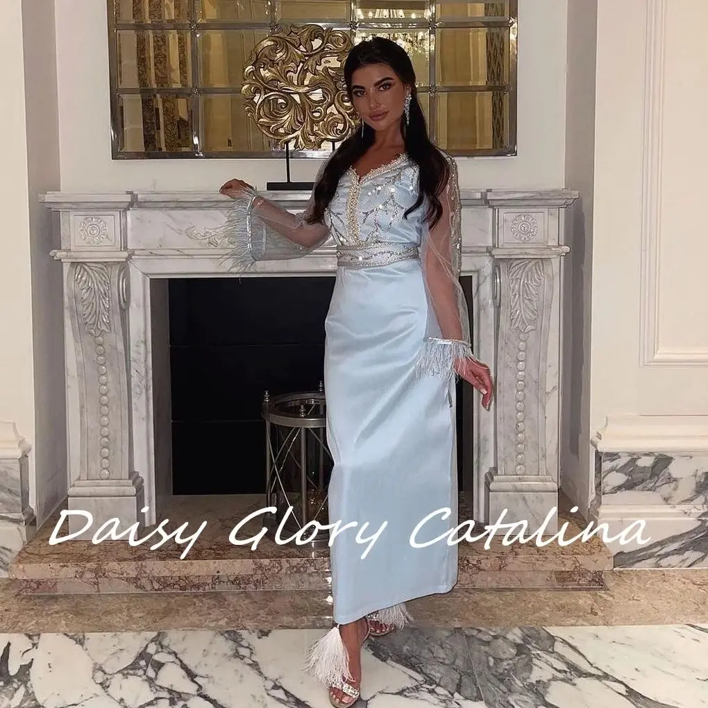 

Blue Appliques Evening Dresses Long Sleeves Front Split Tassels V-neck Prom Dresses Ankle-Length Saudi Arabia Formal Party Gown