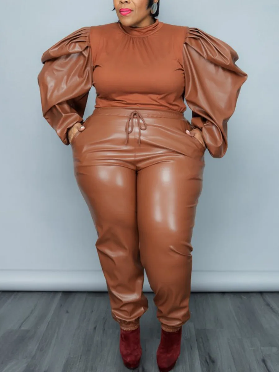 

LW Plus Size Two pieces set Faux Leather Puff Sleeve Drawstring Pants Set Autumn winter long sleeve top & pants set tracksuit se