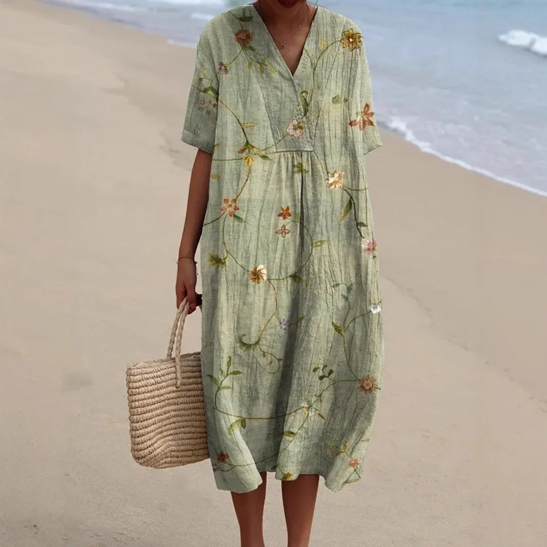 Fashionable Printed V-Neck Dress New Arrival Women's Clothing Regular Sleeve Length Full Waist Line Standard Leg Length to Knee - Image 5