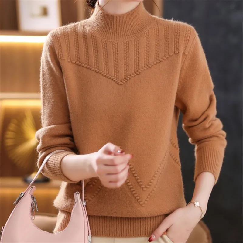 

Sweater Woman Autumn Winter New Solid Color Semi-high Neck Threaded Pullover Knitting Top Loose Fashion Female Clothing ZM478