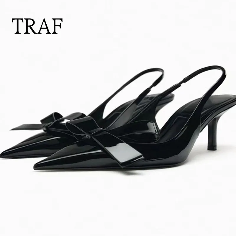 

TRAF 2023 Black Bow Heels Women Slingback Pointed toe Heeled for Woman Pumps Elegant Party High heels Office Ladies Heeled Shoes